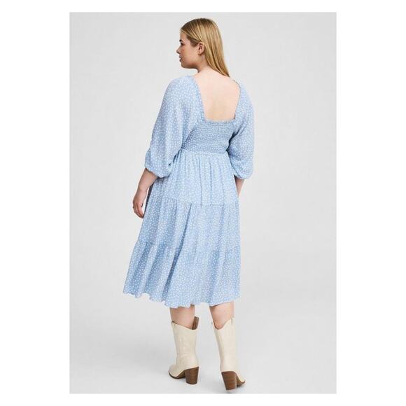 Torrid Blue Dot Smocked Bodice Crinkle Gauze Midi Dress Sz.2 - Picture 3 of 16